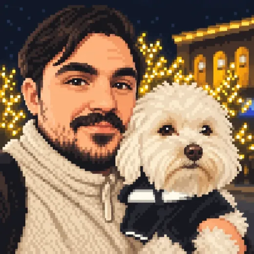 Pixel-art portrait of Antonios with a white dog, in front of festive lights